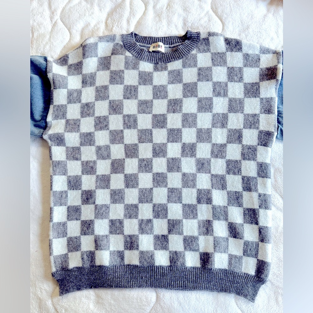 NWOT BiBi Checkered Gray Sweater with Denim Sleeves - size S - Picture 2 of 6